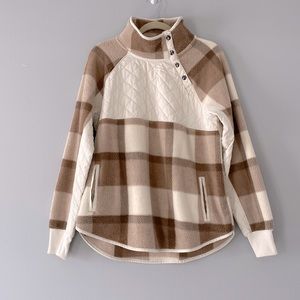 Abercrombie & Fitch tan ivory white plaid pullover fleece Sherpa teddy sweater